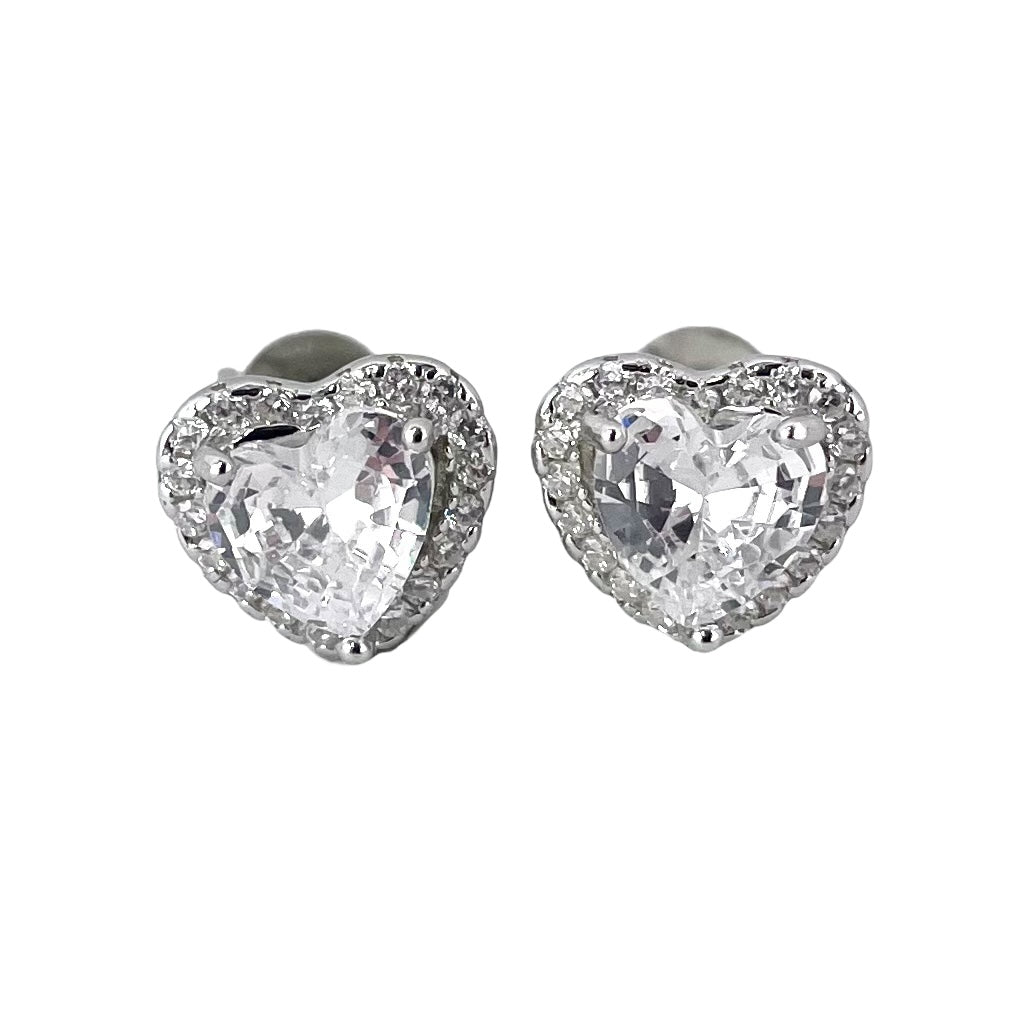CZ Heart Post Earrings Sterling Silver