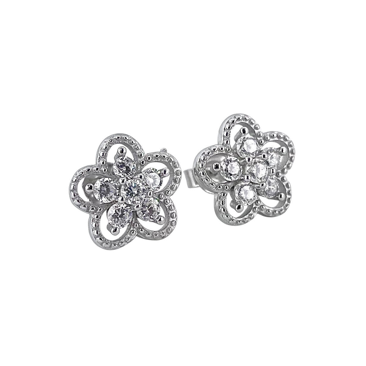 CZ Flower Post Earrings Sterling Silver