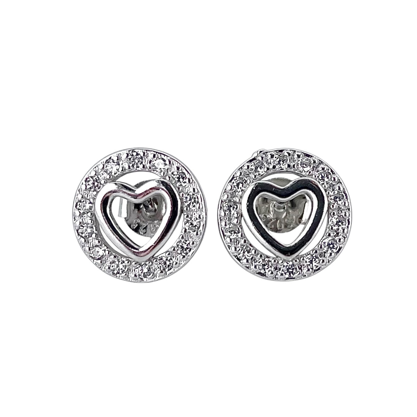 CZ Heart Circle Post Earrings Sterling Silver