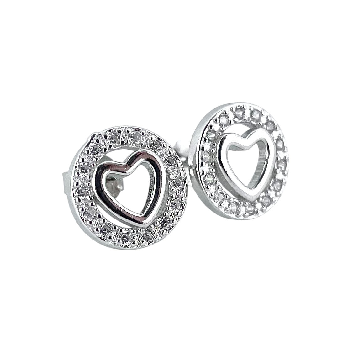 CZ Heart Circle Post Earrings Sterling Silver