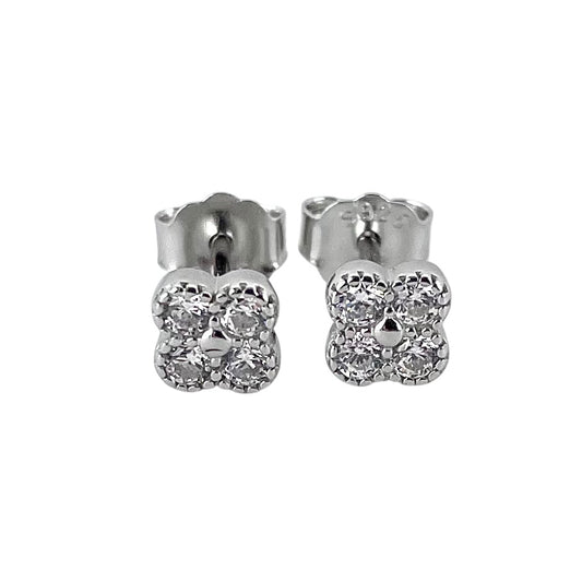 CZ Round Clover Post Earrings Sterling Silver