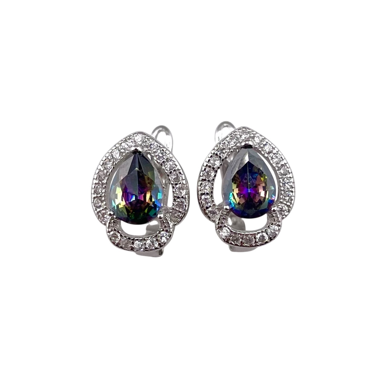 CZ Pear Clip Earrings Sterling Silver