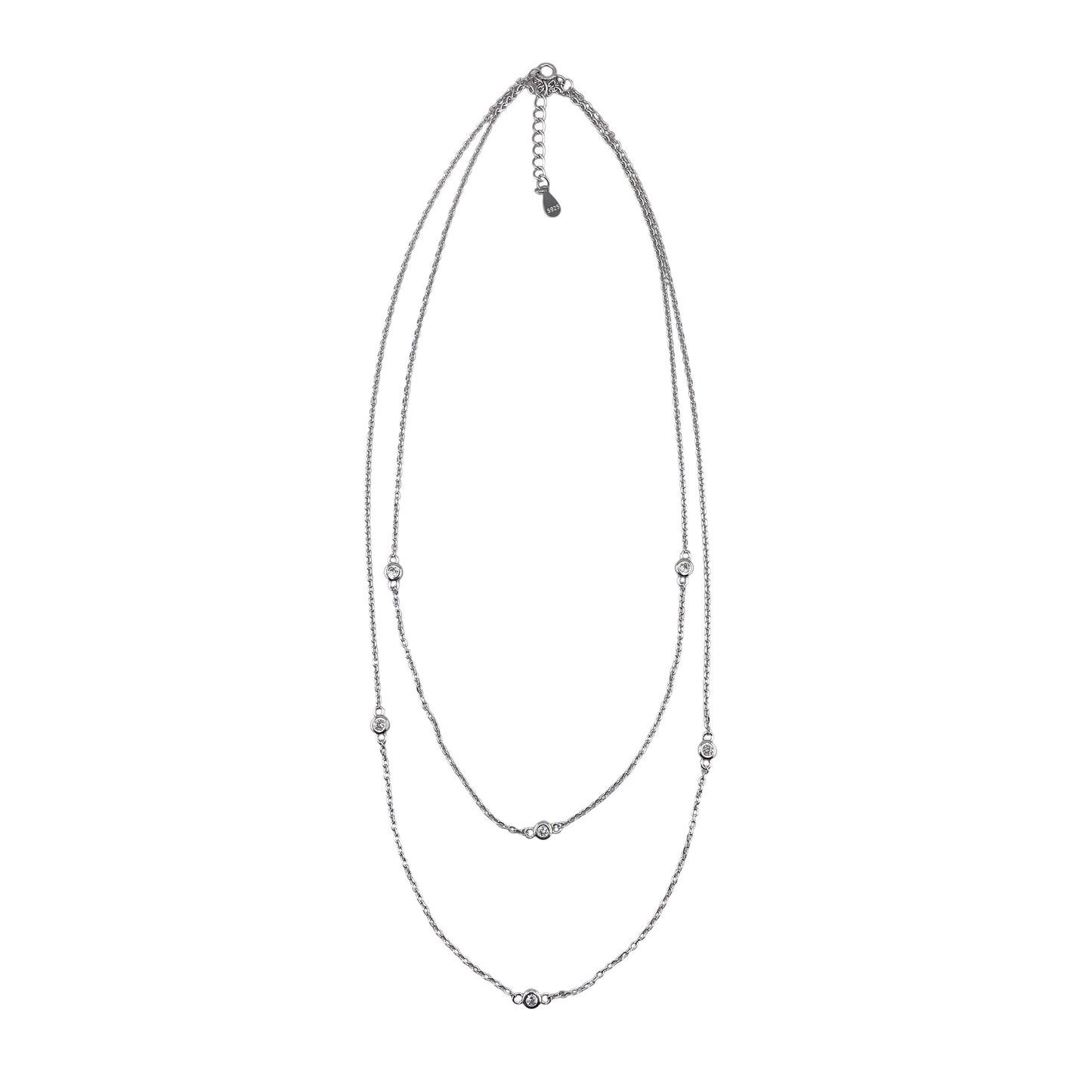 CZ 2 Chain Layer Necklace Sterling Silver