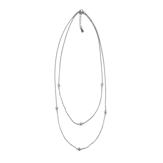 CZ 2 Chain Layer Necklace Sterling Silver