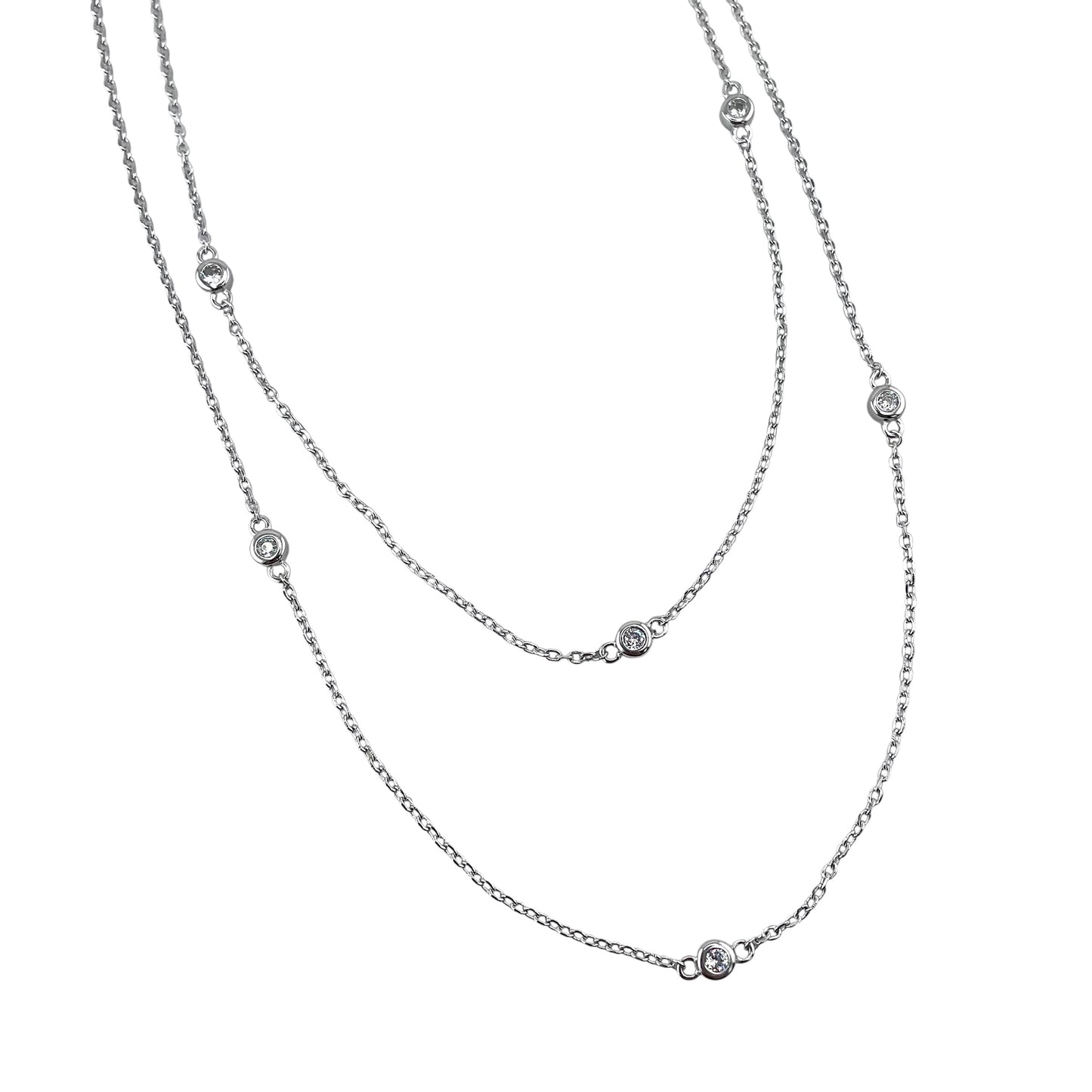 CZ 2 Chain Layer Necklace Sterling Silver