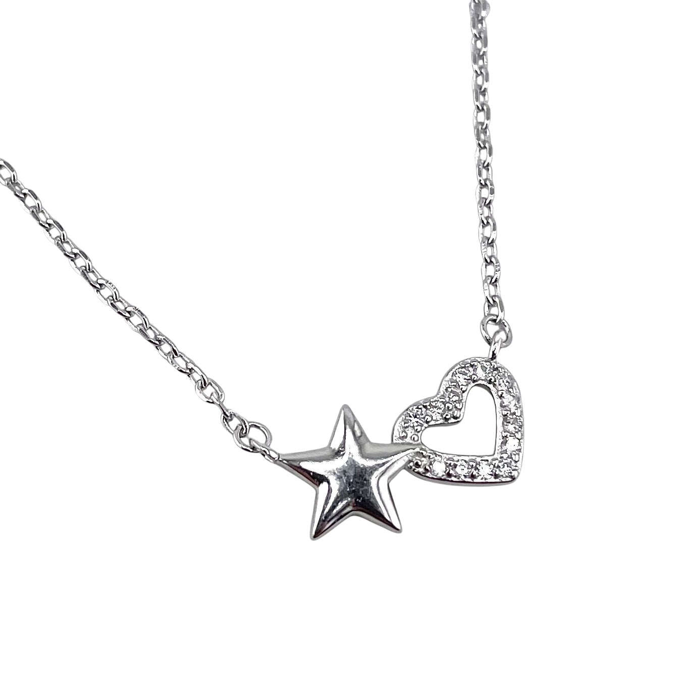 CZ Heart Star Chain Necklace Sterling Silver