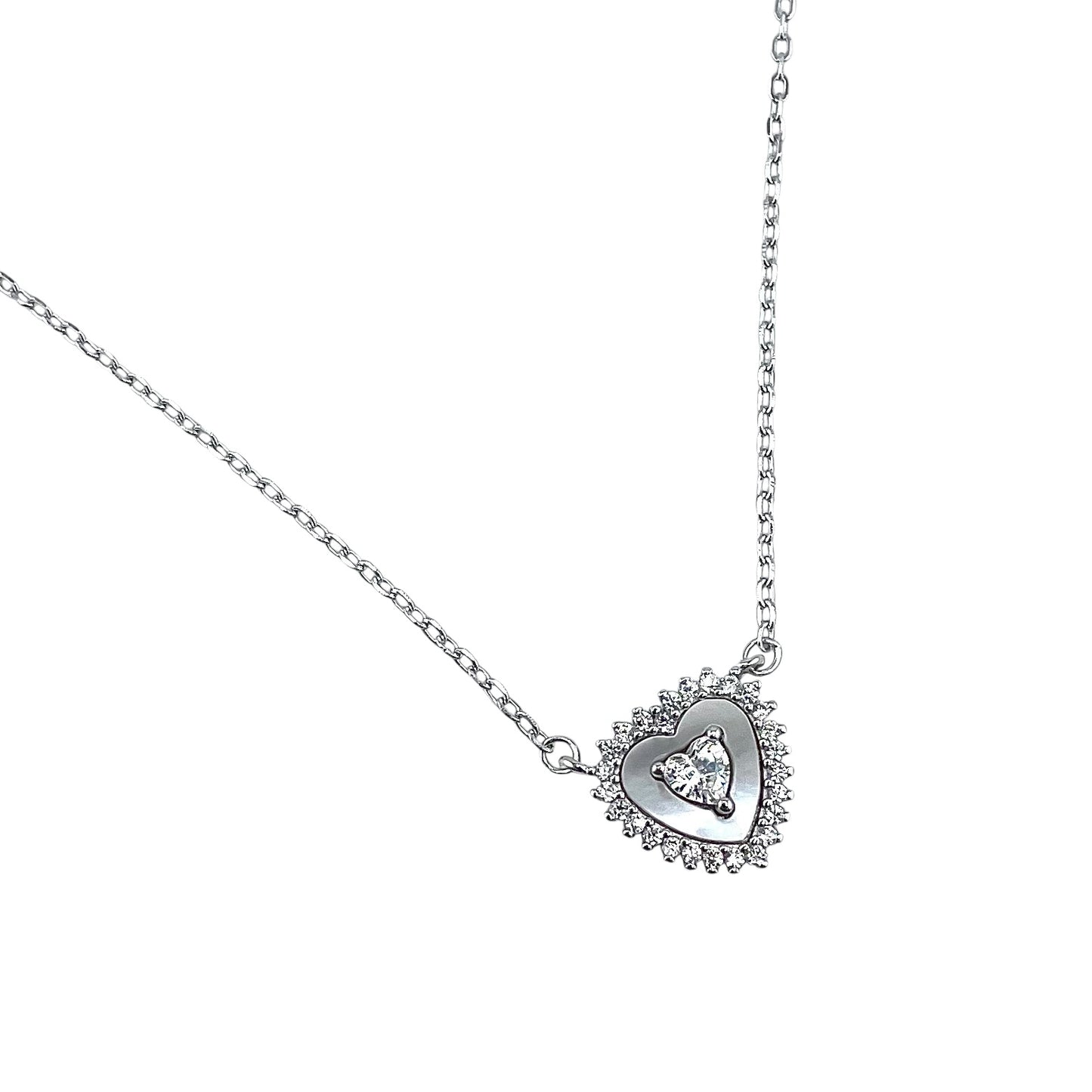 CZ Mother of Pearl Heart Chain Necklace Sterling Silver