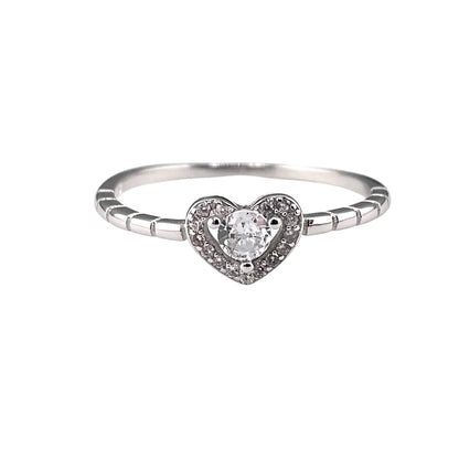 CZ Round Stone Heart Ring Sterling Silver