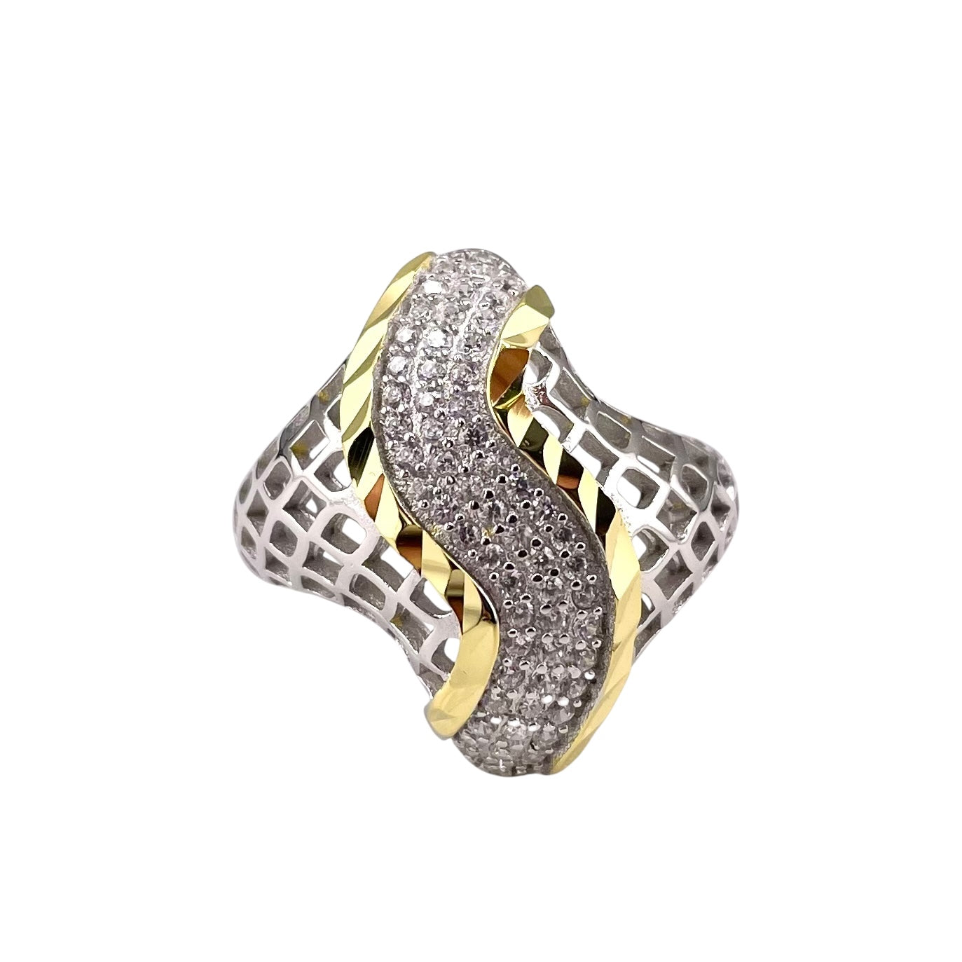 Two Tone CZ Curve Row Ring Sterling Silver & Gold Plate