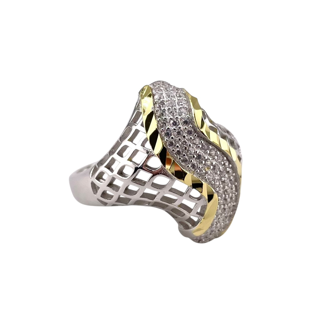 Two Tone CZ Curve Row Ring Sterling Silver & Gold Plate