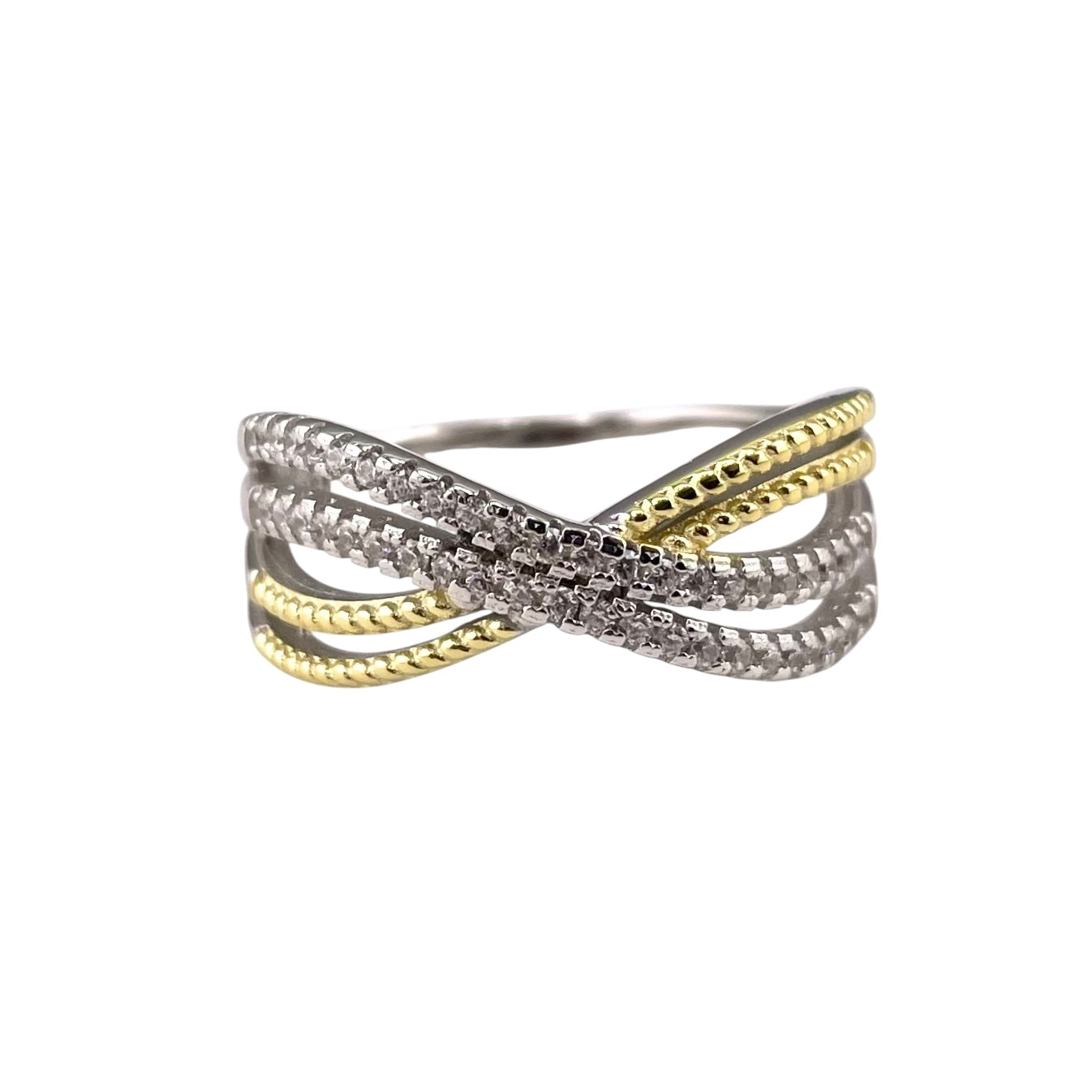 Two Tone CZ Row Ring Sterling Silver & Gold Plate