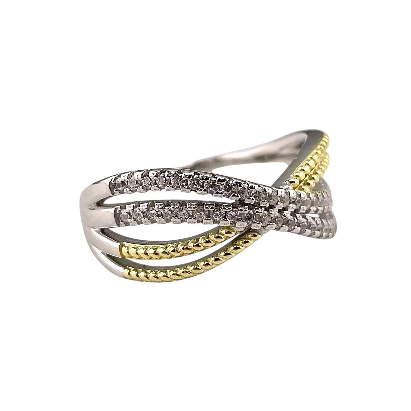 Two Tone CZ Row Ring Sterling Silver & Gold Plate