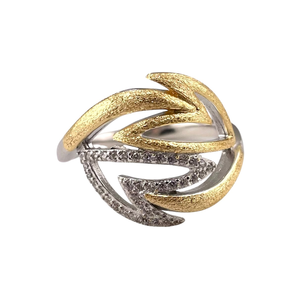 Two Tone CZ Leaf Ring Sterling Silver & Gold Plate