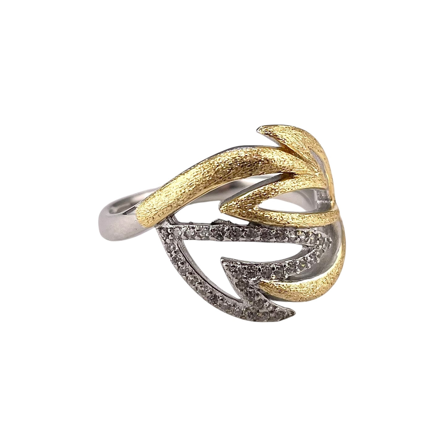 Two Tone CZ Leaf Ring Sterling Silver & Gold Plate