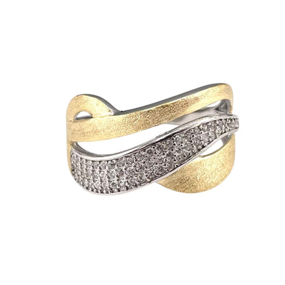 Two Tone CZ Curve Ring Sterling Silver & Gold Plate