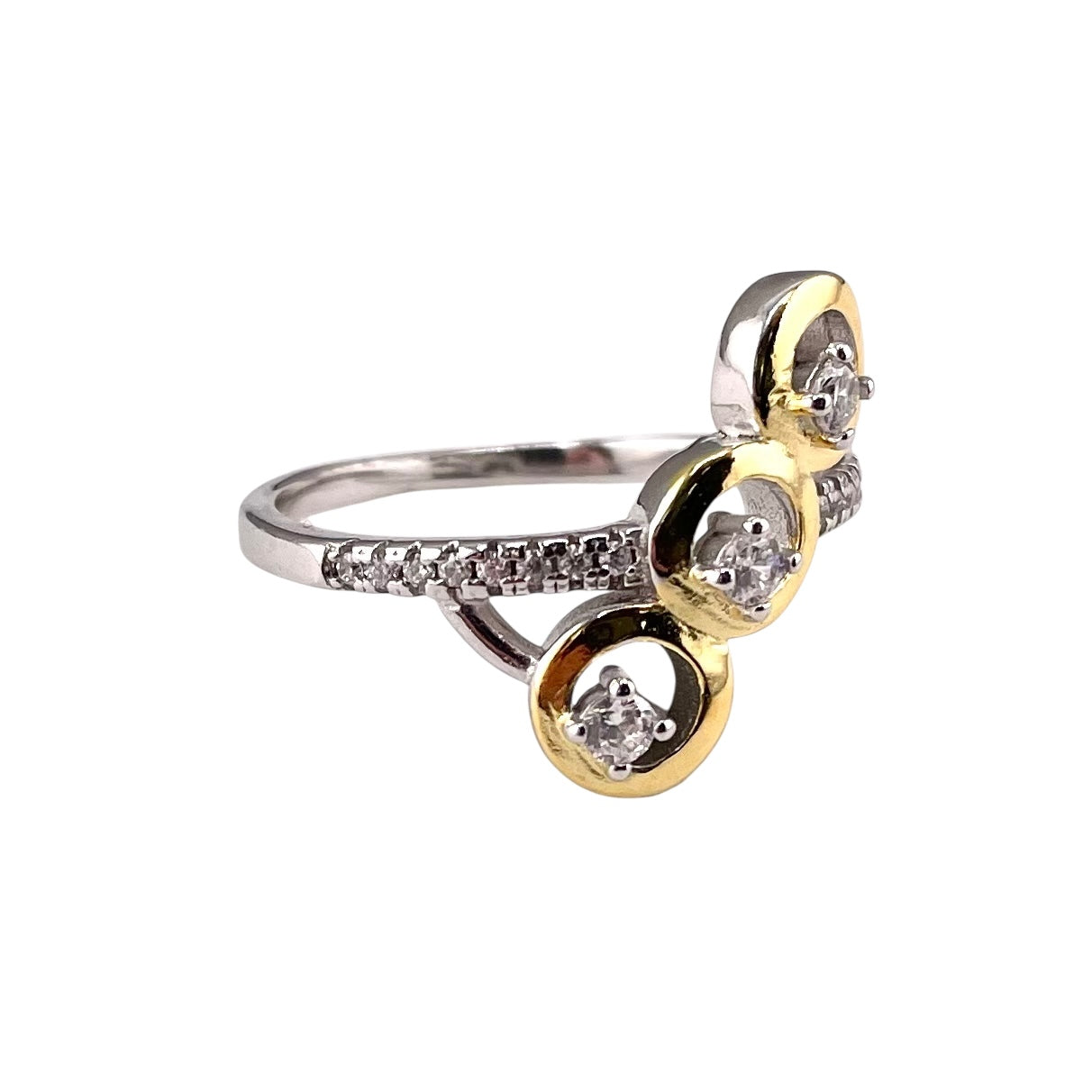 Two Tone CZ Slant Ring Sterling Silver & Gold Plate