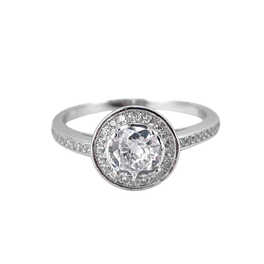 CZ Round Stone Border Ring Sterling Silver