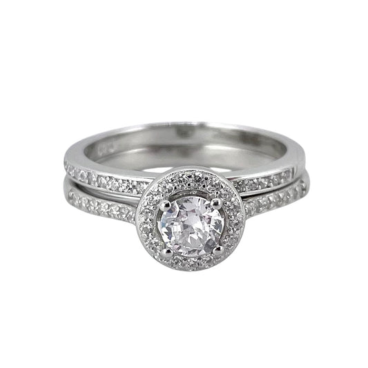CZ Stone Round Halo Bridal Set Band Ring Sterling Silver