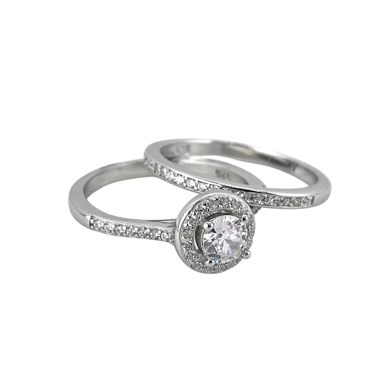 CZ Stone Round Halo Bridal Set Band Ring Sterling Silver