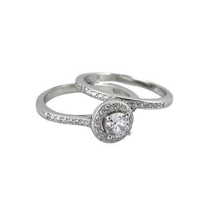 CZ Stone Round Halo Bridal Set Band Ring Sterling Silver
