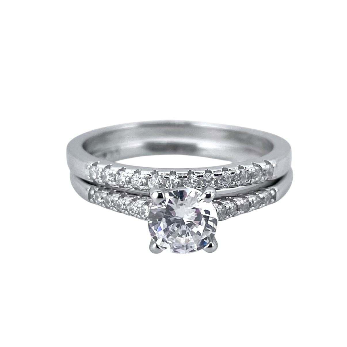 CZ Stone Round Bridal Set Band Ring Sterling Silver