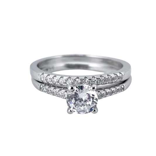 CZ Stone Round Bridal Set Band Ring Sterling Silver