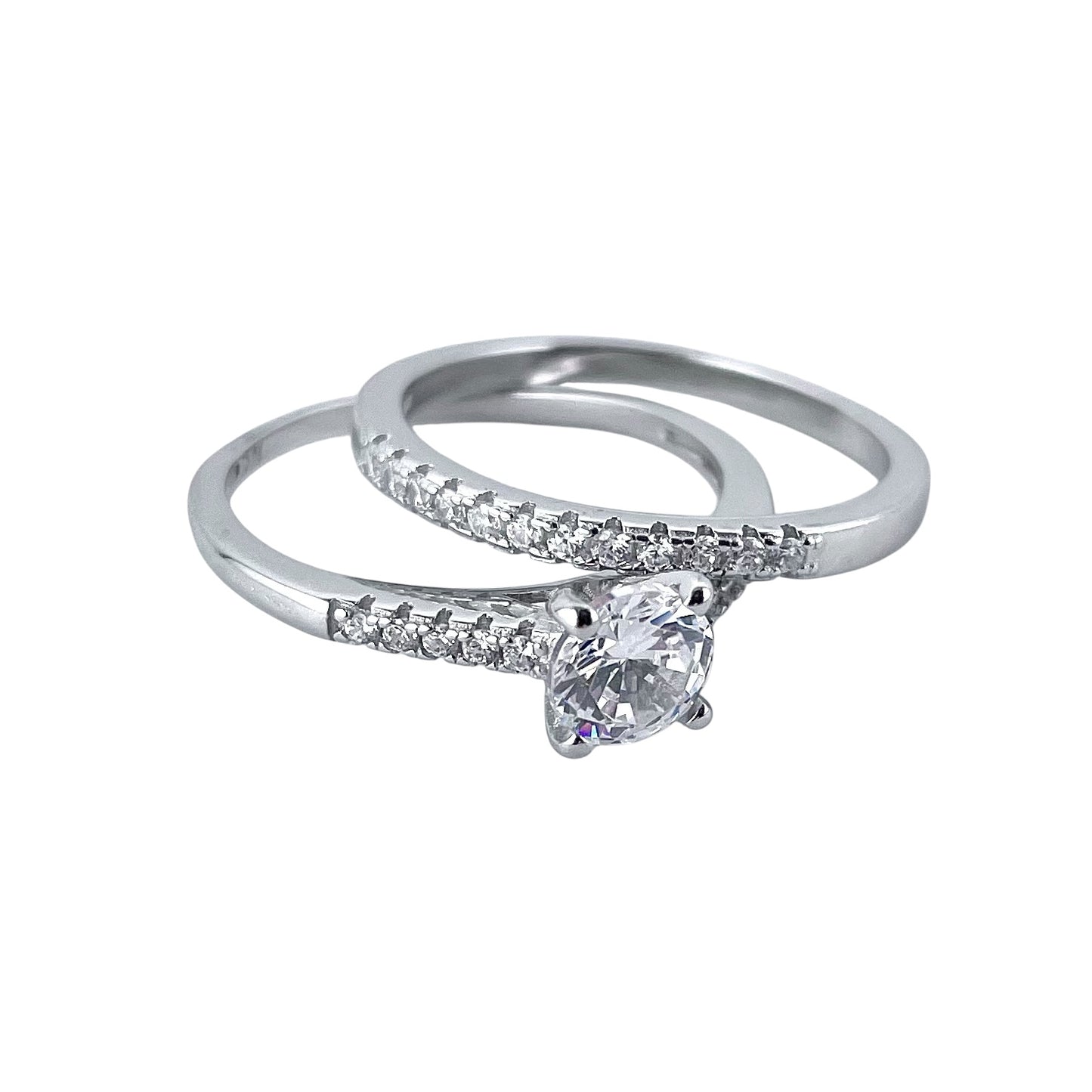 CZ Stone Round Bridal Set Band Ring Sterling Silver