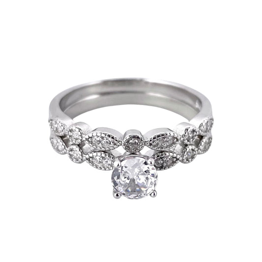 CZ Stone Round Bridal Set Band Ring Sterling Silver