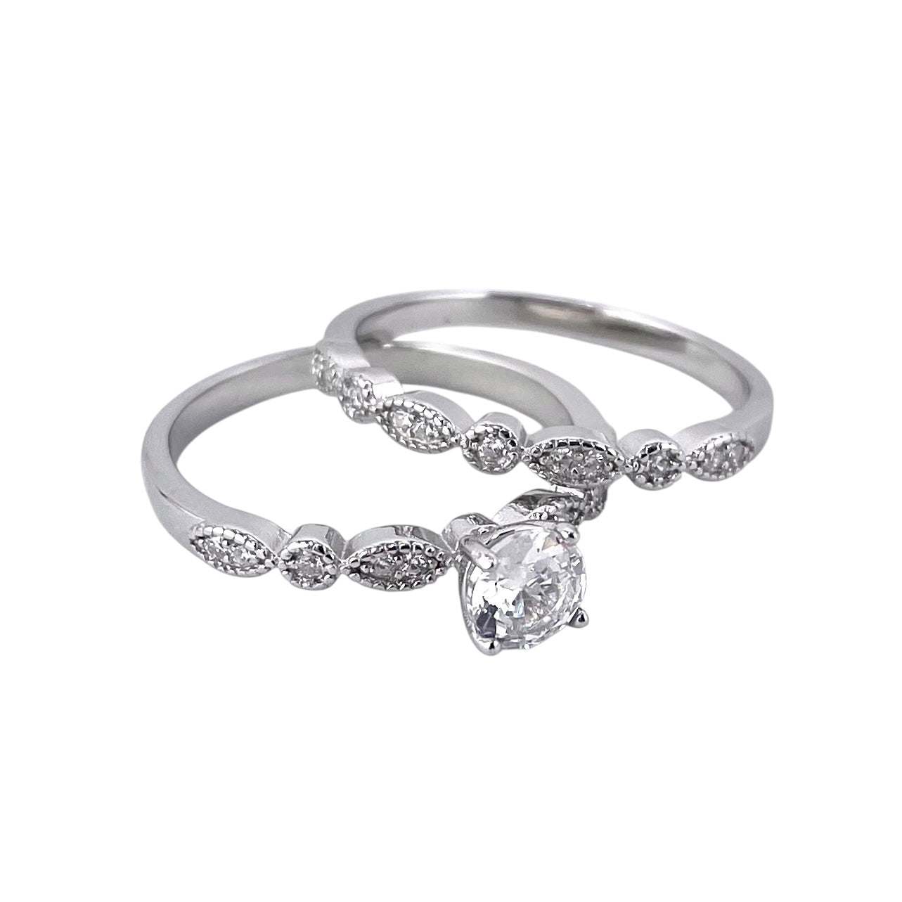 CZ Stone Round Bridal Set Band Ring Sterling Silver