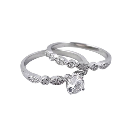CZ Stone Round Bridal Set Band Ring Sterling Silver