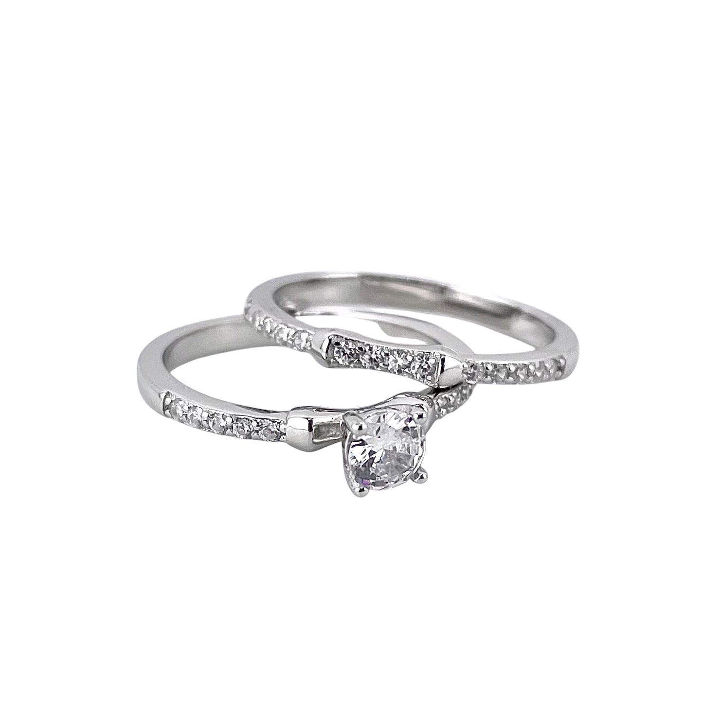 CZ Stone Round Bridal Set Band Ring Sterling Silver