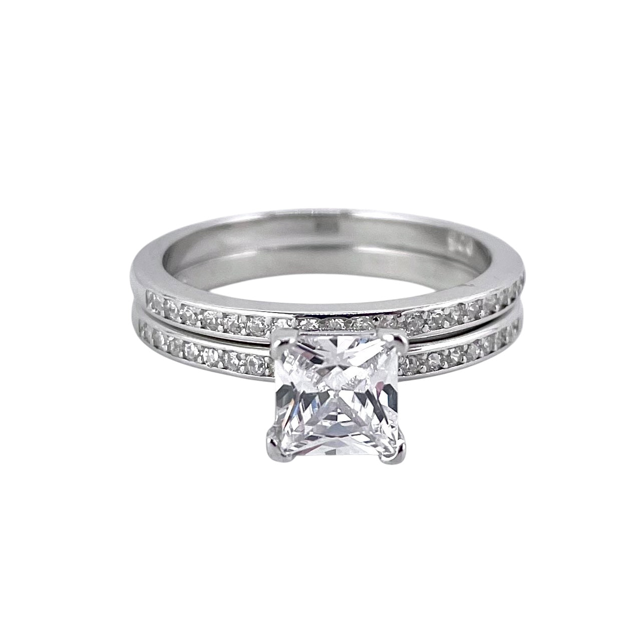 CZ Princess Cut Stone Bridal Set Band Ring Sterling Silver