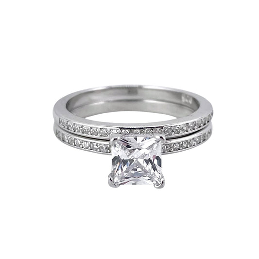 CZ Princess Cut Stone Bridal Set Band Ring Sterling Silver