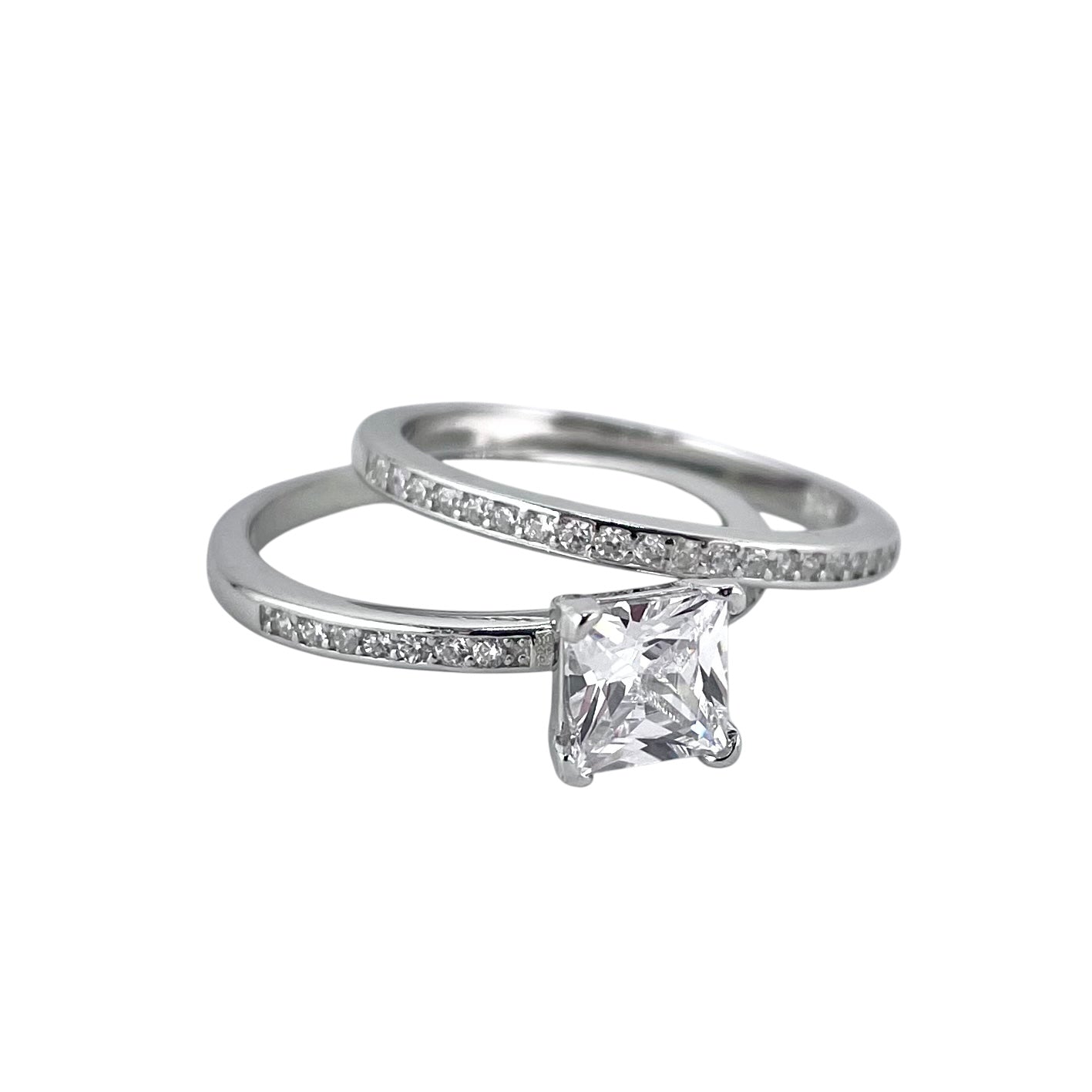 CZ Princess Cut Stone Bridal Set Band Ring Sterling Silver