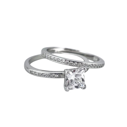 CZ Princess Cut Stone Bridal Set Band Ring Sterling Silver