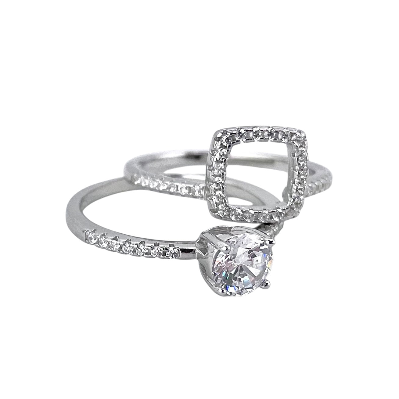 CZ Stone Round Layered Bridal Set Band Ring Sterling Silver