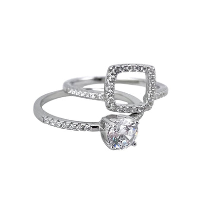 CZ Stone Round Layered Bridal Set Band Ring Sterling Silver