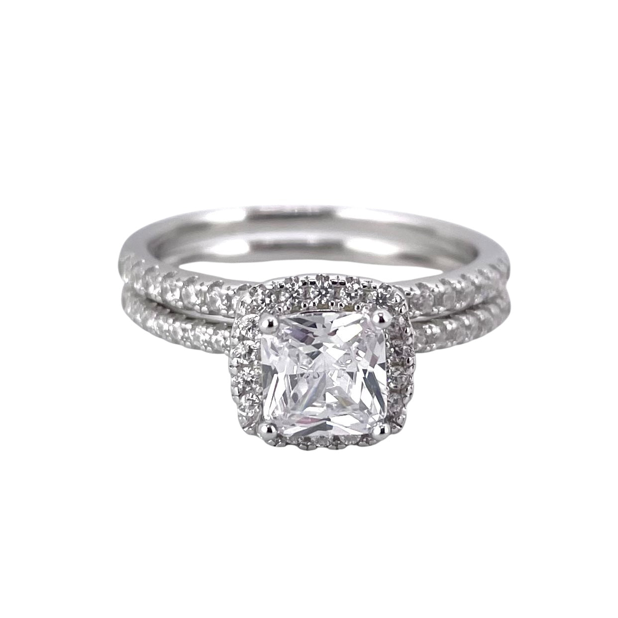 CZ Stone Princess Cut Bridal Set Band Ring Sterling Silver