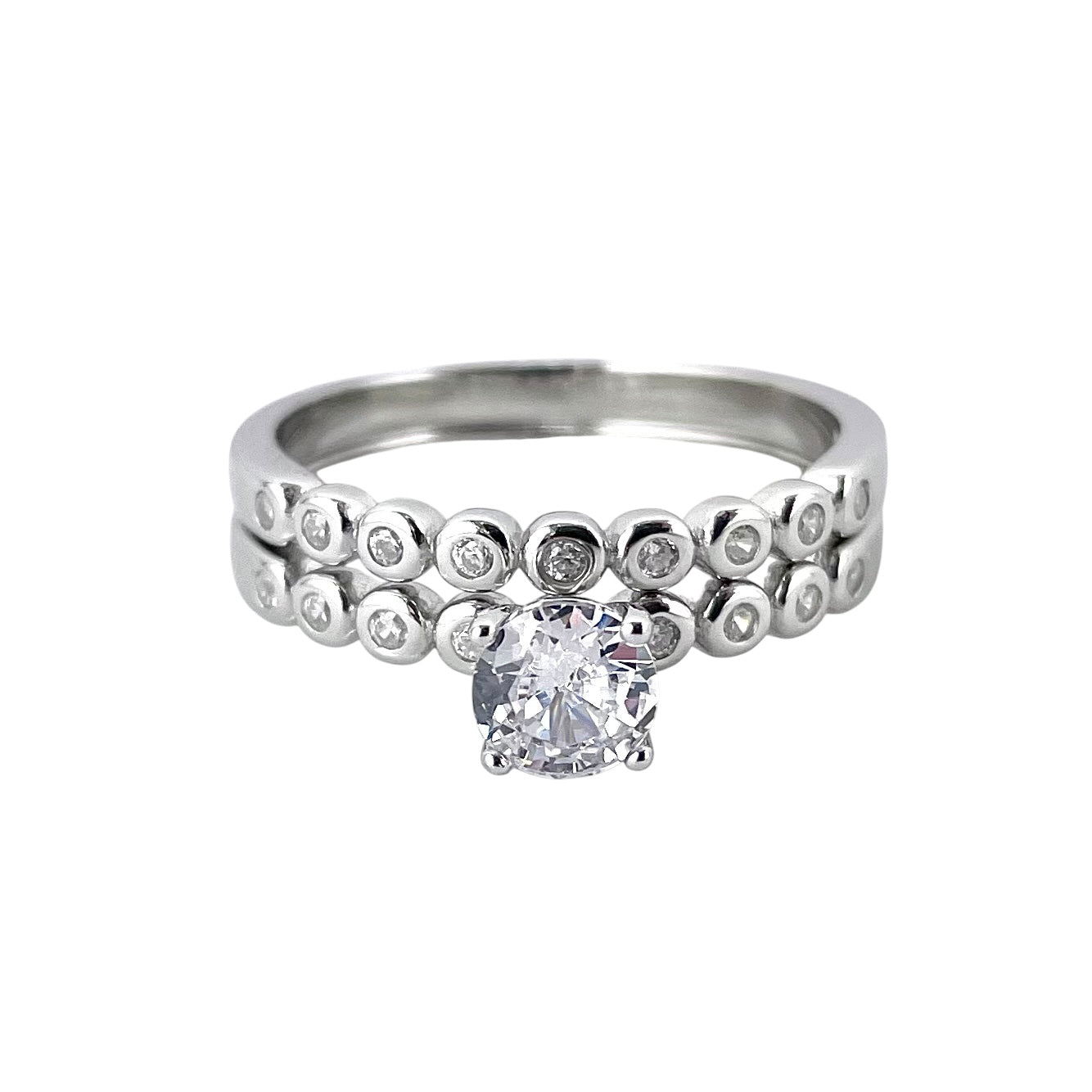 CZ Stone Round Bridal Set Band Ring Sterling Silver