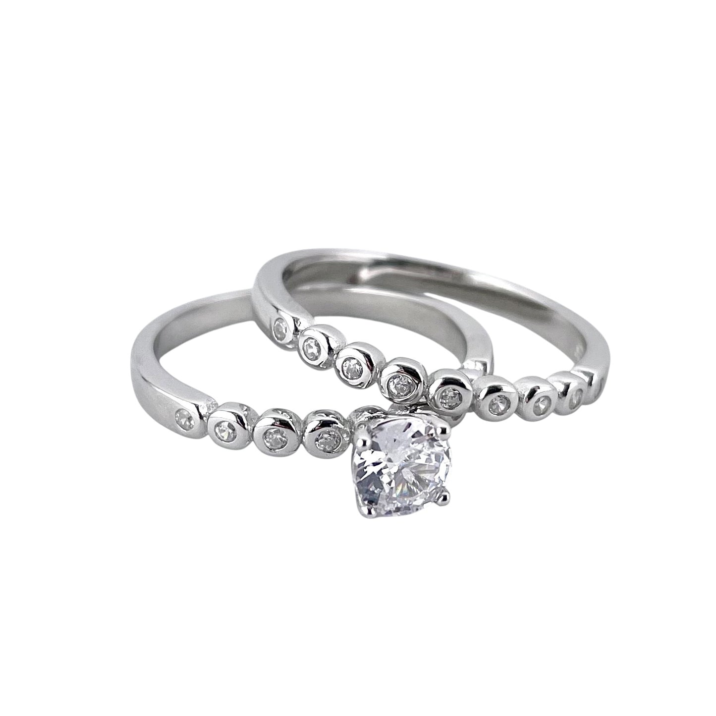 CZ Stone Round Bridal Set Band Ring Sterling Silver