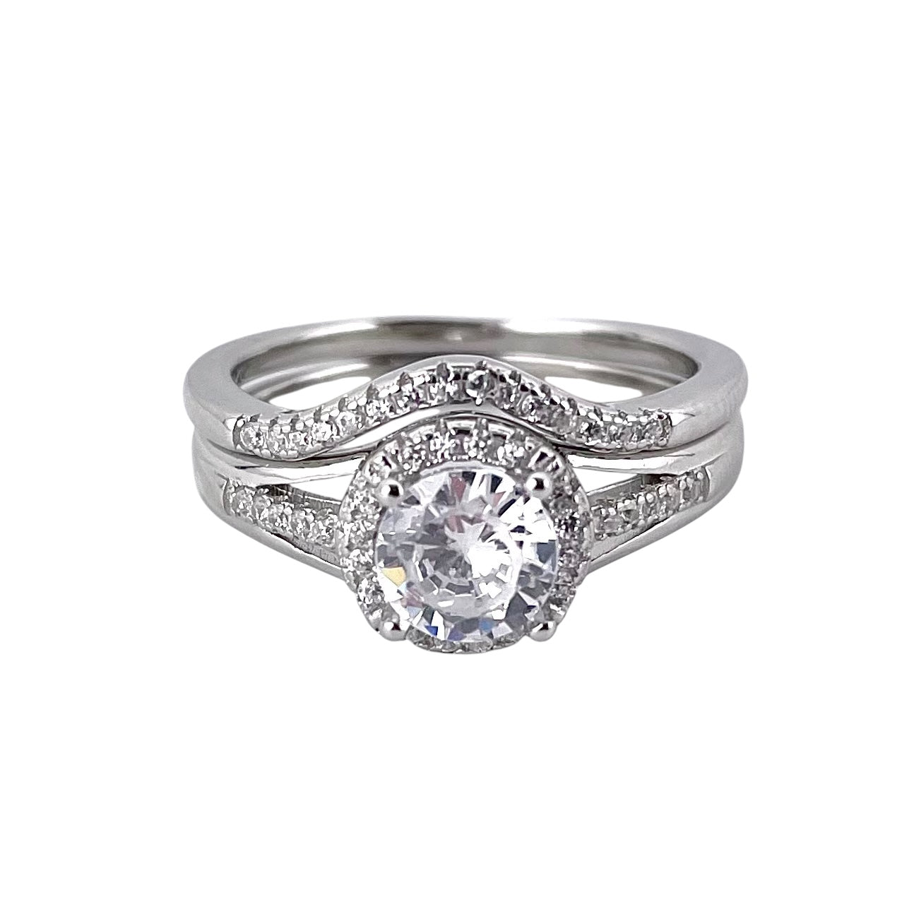 CZ Stone Round Bridal Set Band Ring Sterling Silver