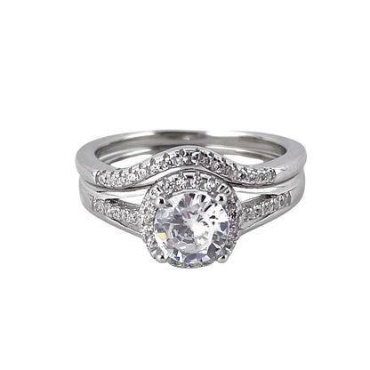CZ Stone Round Bridal Set Band Ring Sterling Silver