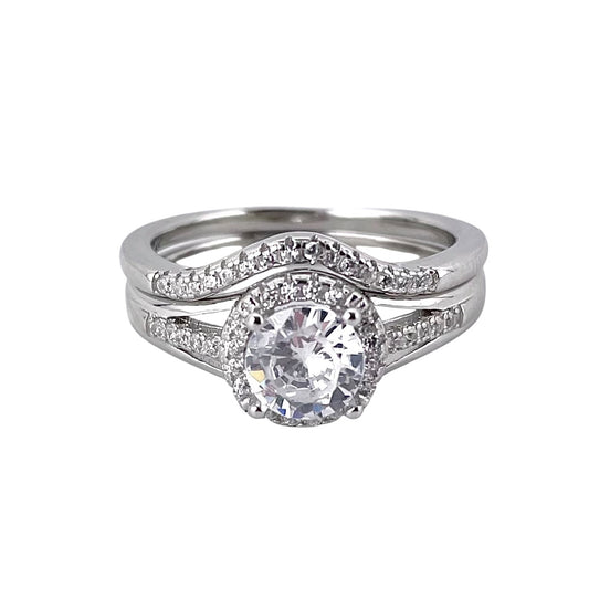CZ Stone Round Bridal Set Band Ring Sterling Silver
