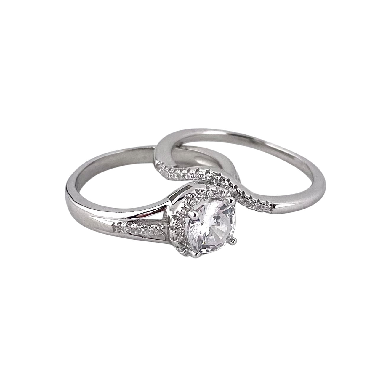 CZ Stone Round Bridal Set Band Ring Sterling Silver