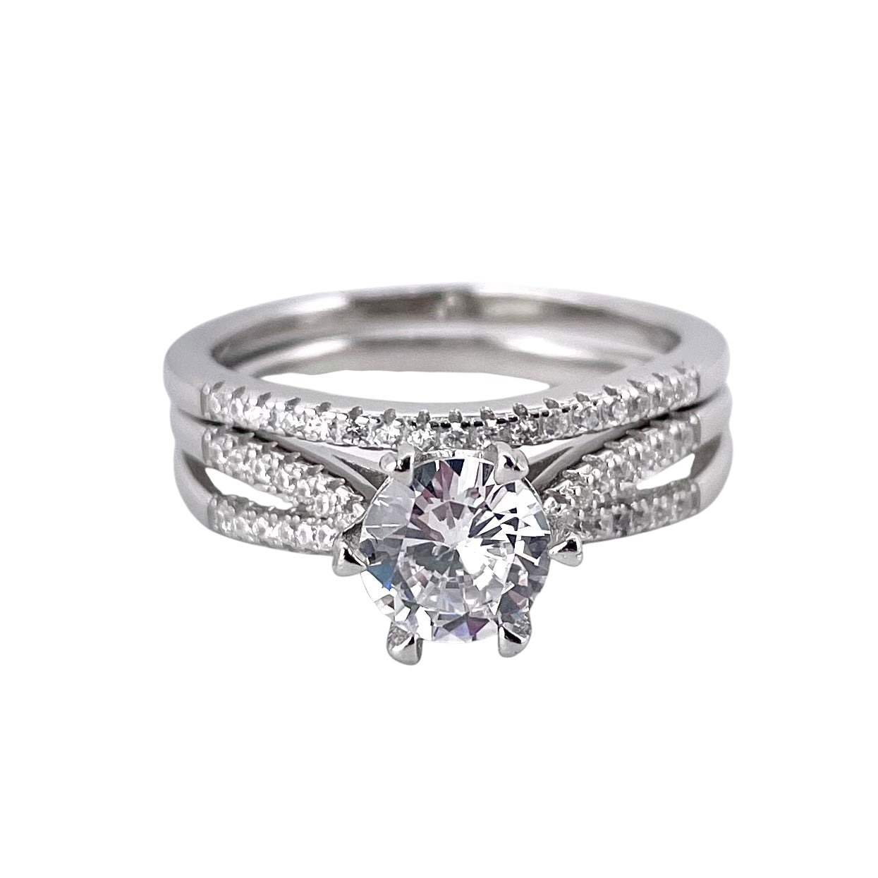 CZ Stone Round Bridal Set Band Ring Sterling Silver