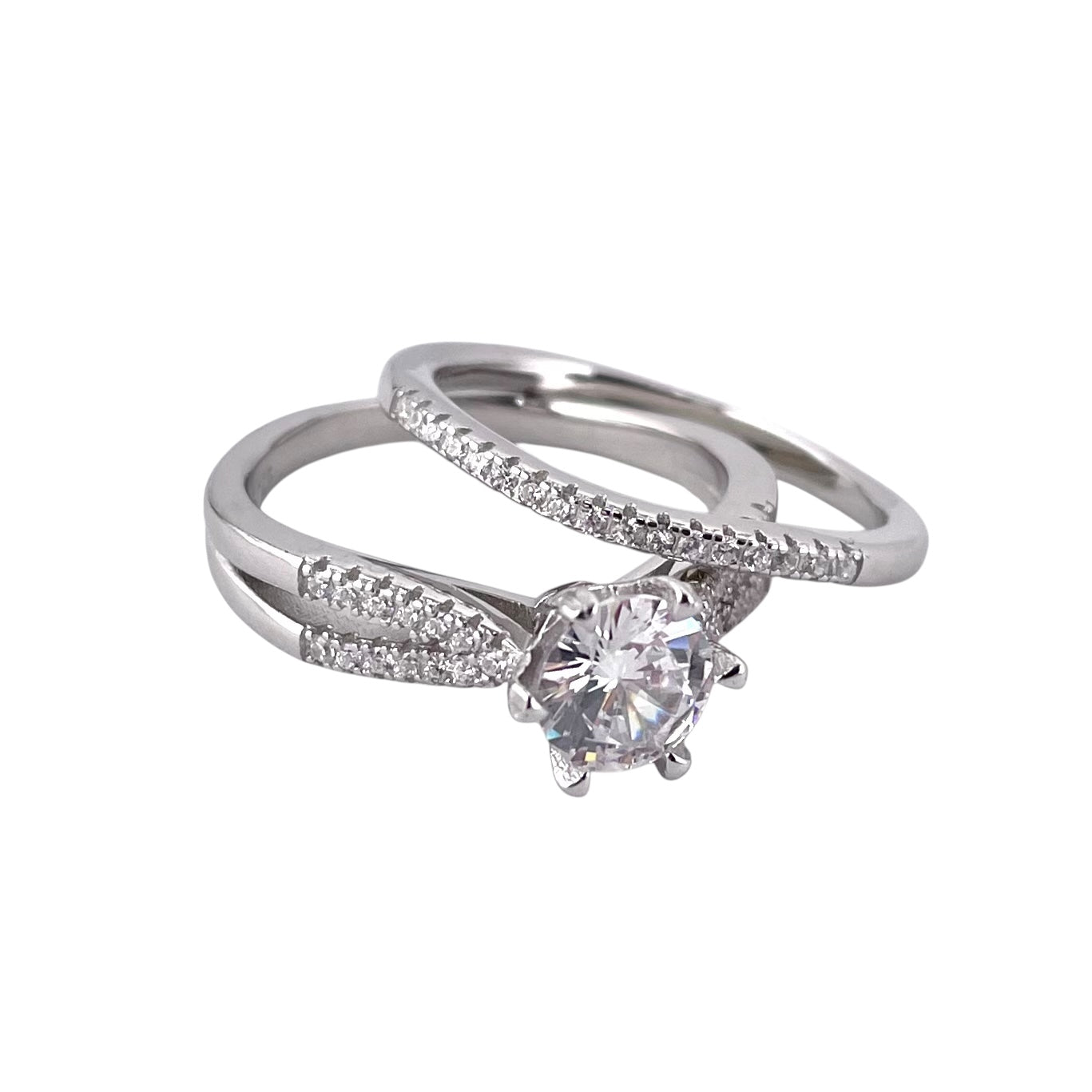 CZ Stone Round Bridal Set Band Ring Sterling Silver