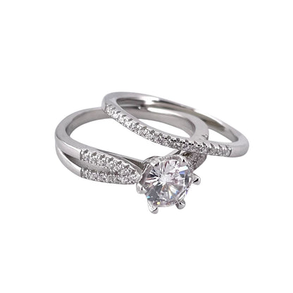 CZ Stone Round Bridal Set Band Ring Sterling Silver
