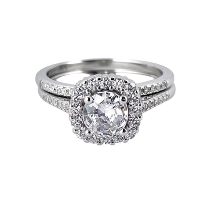 CZ Stone Round Bridal Set Band Ring Sterling Silver