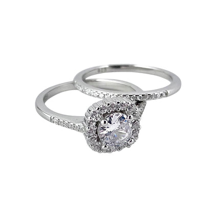 CZ Stone Round Bridal Set Band Ring Sterling Silver