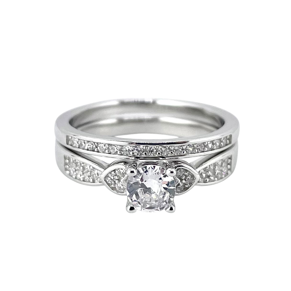 CZ Stone Round Bridal Set Band Ring Sterling Silver